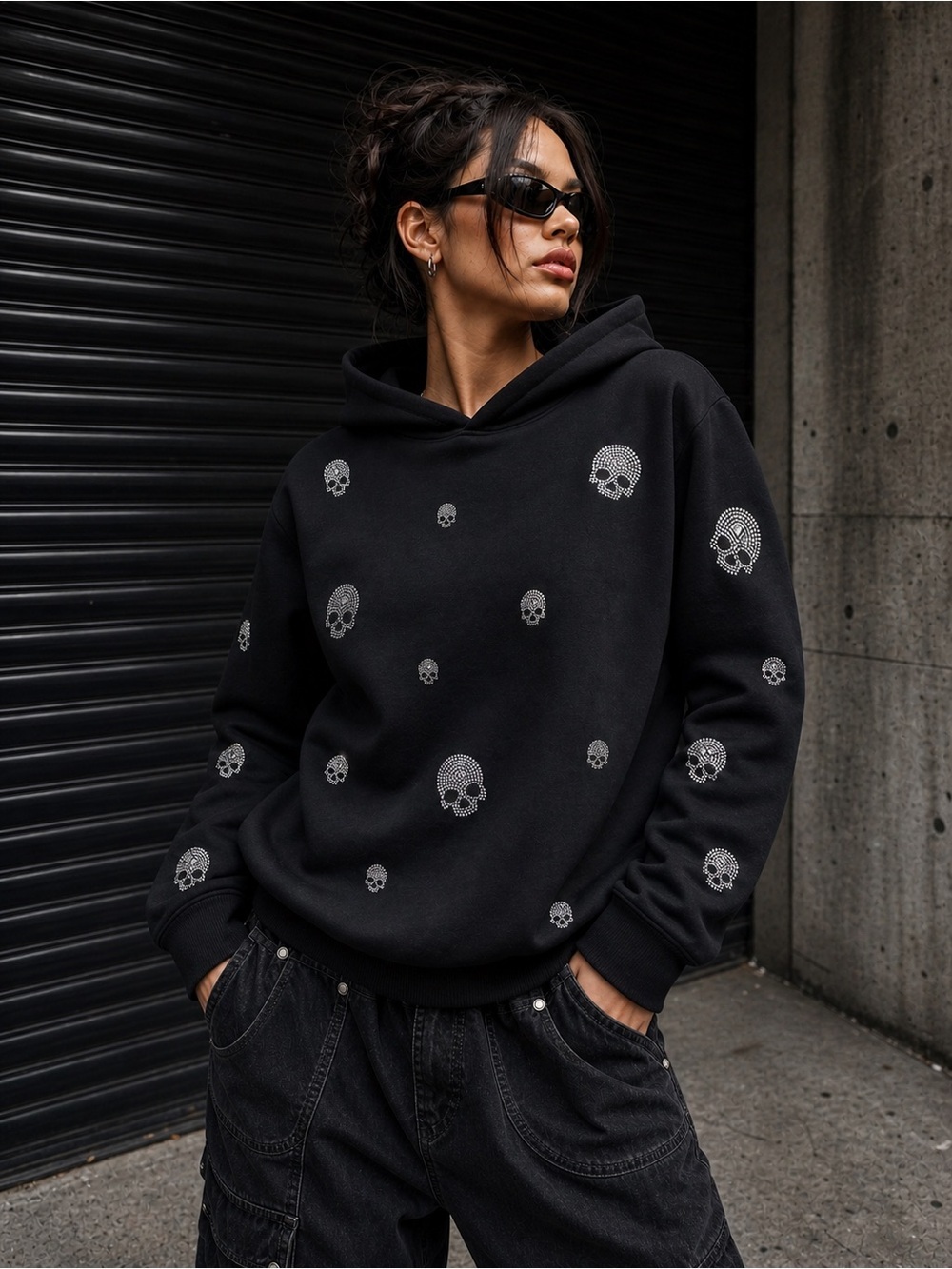 NWT Marled Women’s Black Rhinestone Skull Hoodie Edgy Goth Grunge Medium